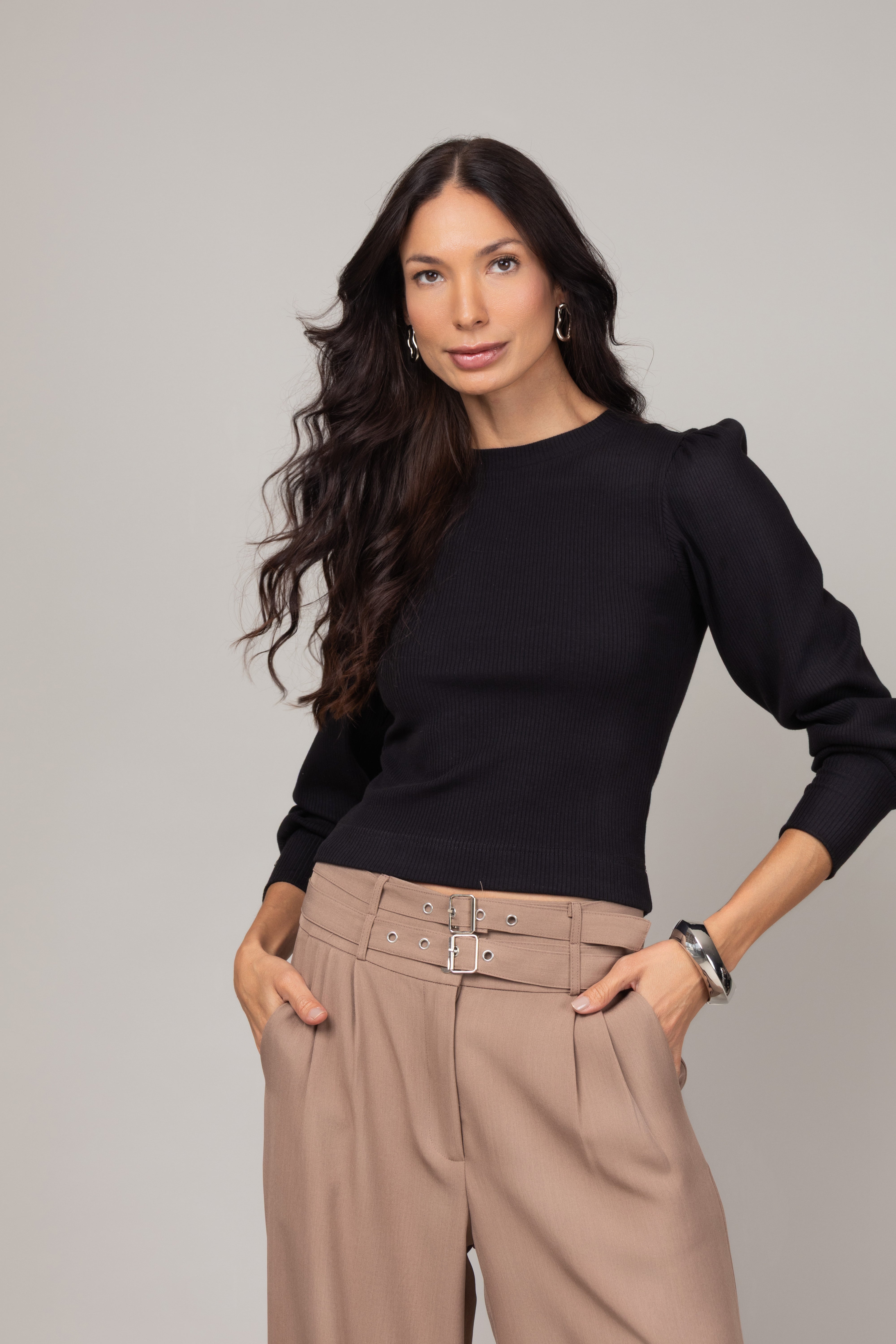 Blusa Canelada de Manga Longa